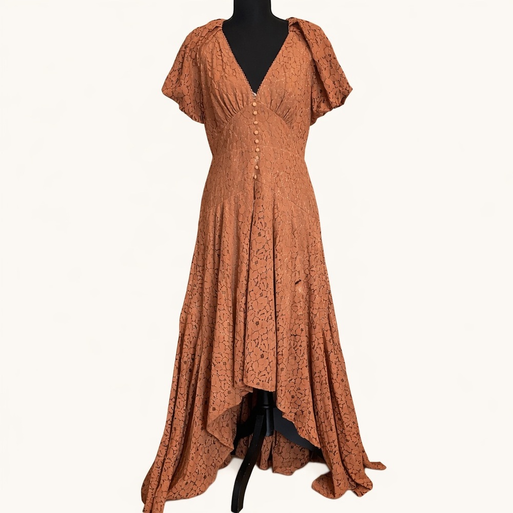Parker Lace High Low Maxi Dress Rust Puff Sleeve Boho Romantic Size 6 NWT